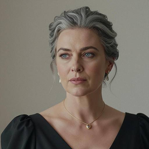 Elegant Middle-Aged Woman with Gray Hair in Black Dress Portrait