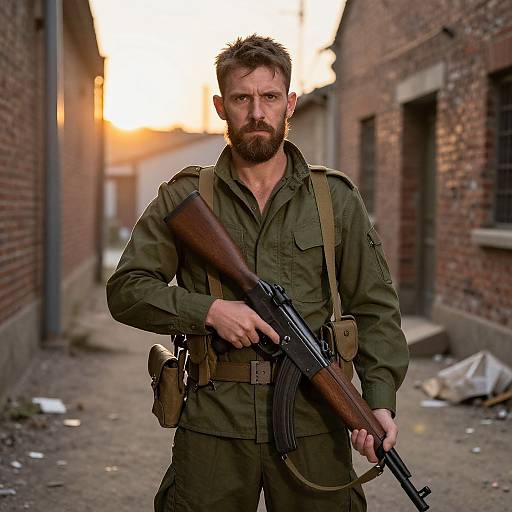 Man in Vintage Military Uniform Holding Classic Rifle at Sunset