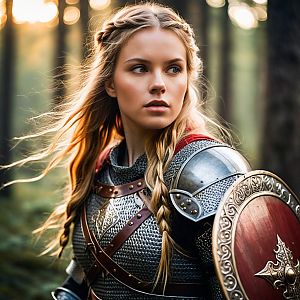 Determined Woman in Medieval Armor in Forest