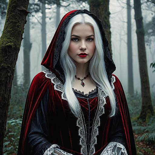 Gothic Woman in Red Velvet Cloak with Silver Hair in Misty Forest