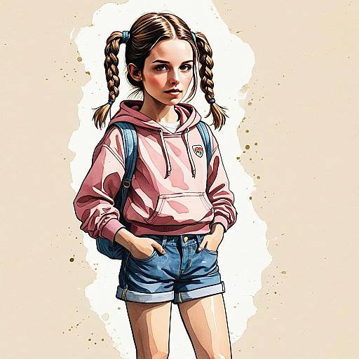 Stylized Digital Illustration of Young Woman in Pink Hoodie with Braided Pigtails