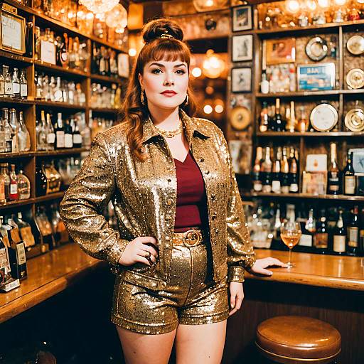 Confident Woman in Gold Sequin Outfit at Vintage Bar