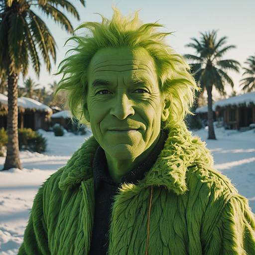 Man with Green Skin and Hair in Snowy Tropical Setting