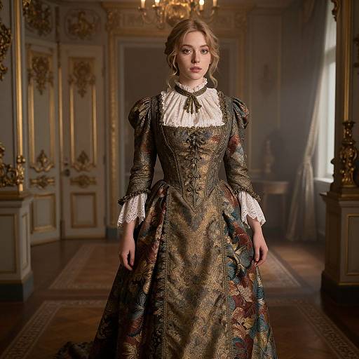 Elegant Woman in Ornate Renaissance-Style Gown in Luxurious Historical Interior