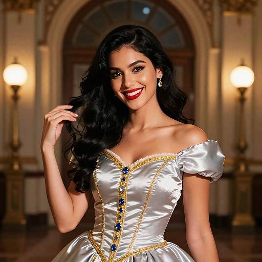 Elegant Woman in Royal Satin Gown with Jeweled Details