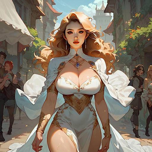 Confident Blonde Woman in Fantasy Outfit Walking Through Medieval Town Digital Art