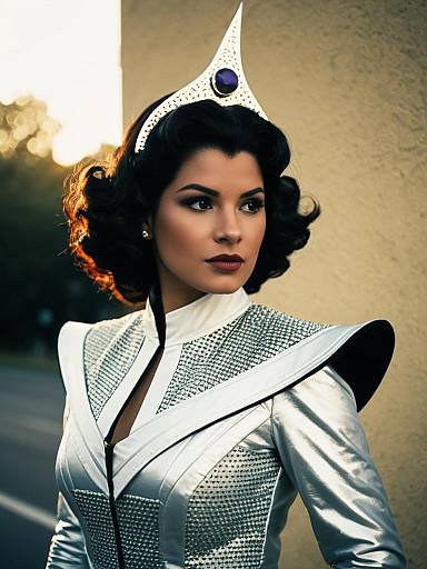 Realistic Suletta Mercury Cosplay Woman in Futuristic Silver Costume