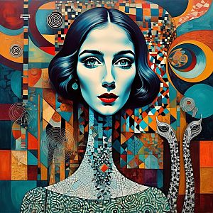 Surreal Portrait of a Woman with Blue Eyes and Red Lips