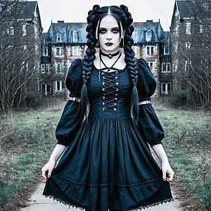 Gothic Woman in Black Dress at Abandoned Building