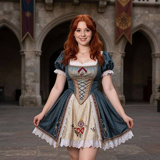 Red-Haired Woman in Detailed Medieval-Style Dress in Historic Archway