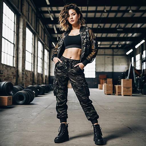 Confident Woman in Camouflage Streetwear in Industrial Warehouse