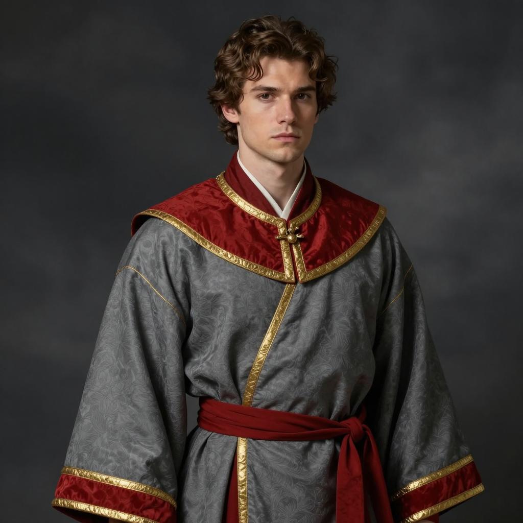Medieval-Style Young Man in Ornate Gray and Red Robe