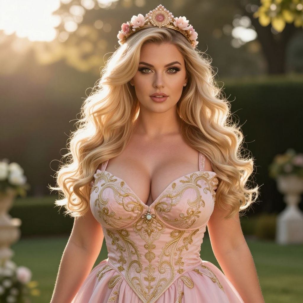 Blonde Woman in Ornate Pink Gown with Floral Crown in Garden