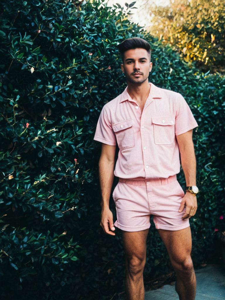 Man Wearing Pink Romper With Shirt and Shorts Standing Outdoors