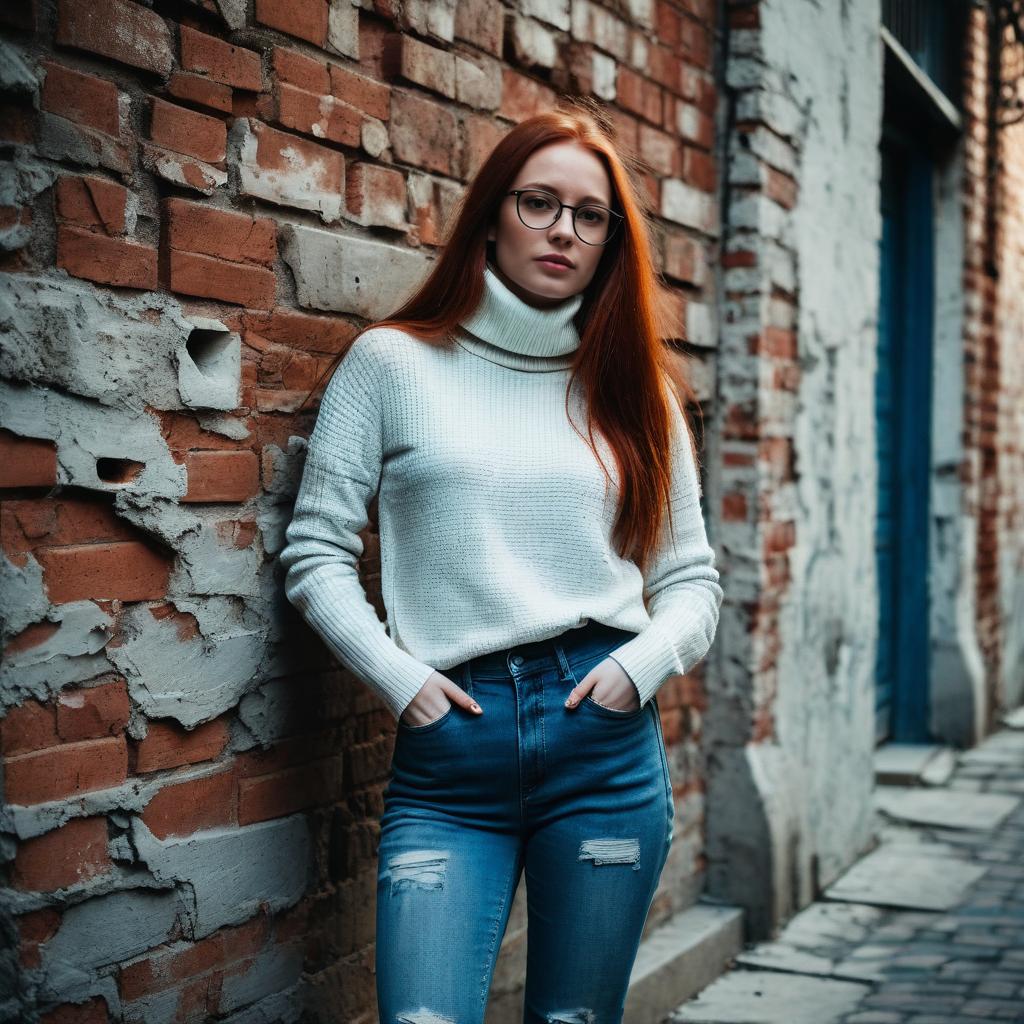 Young Woman in White Turtleneck and Jeans Leaning on Brick Wall