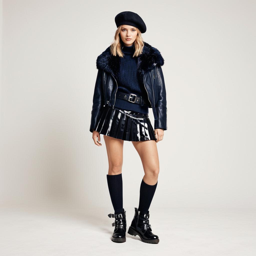 Woman in Urban Casual Black Pleated Mini Skirt and Dark Navy Textured Sweater