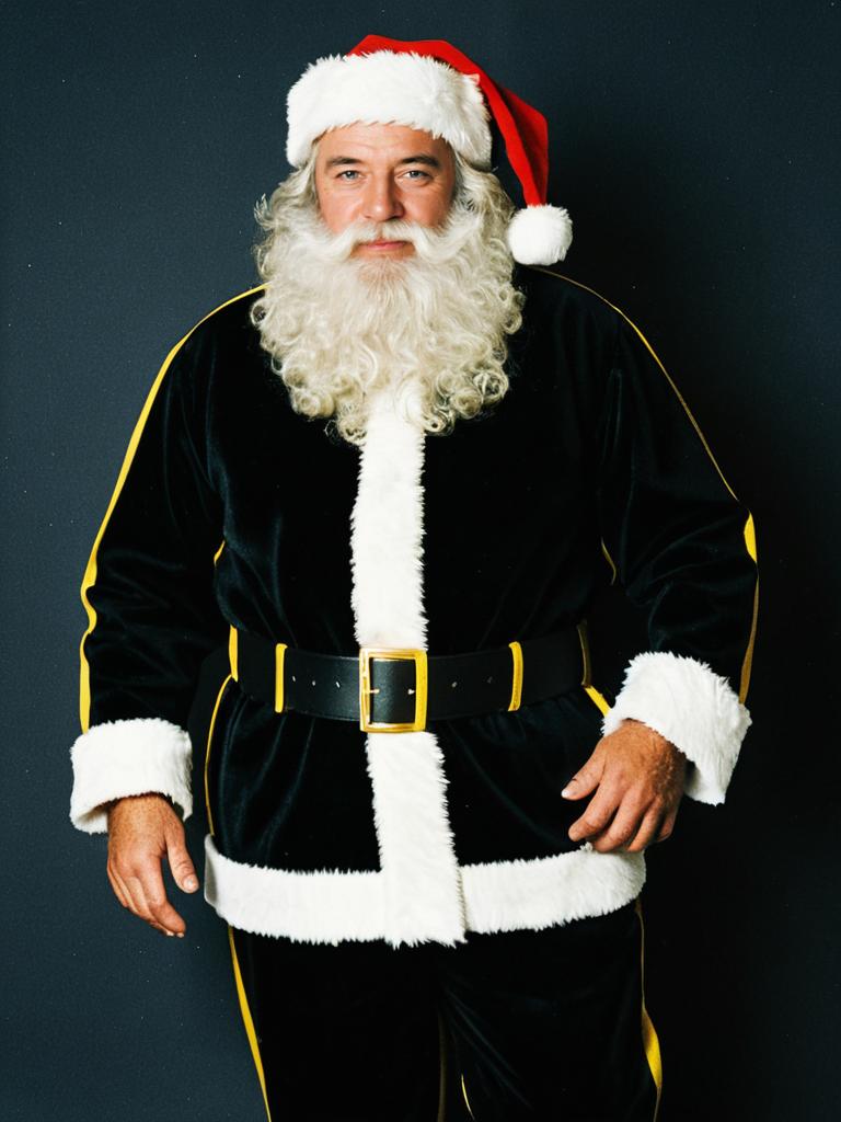 Man in Black and Yellow Santa Suit with White Fur Trim