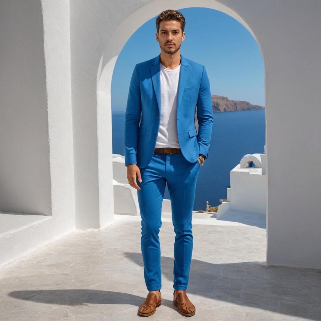 Stylish Man in Blue Suit at Santorini