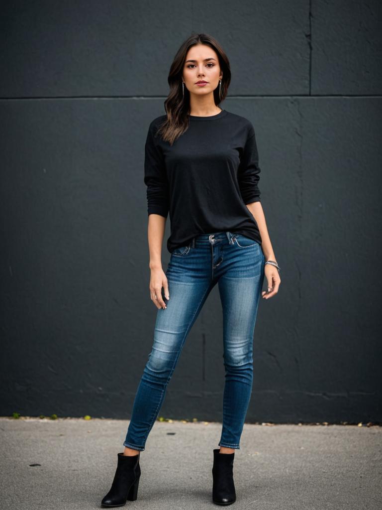 Stylish Woman in Skinny Jeans and Black Top