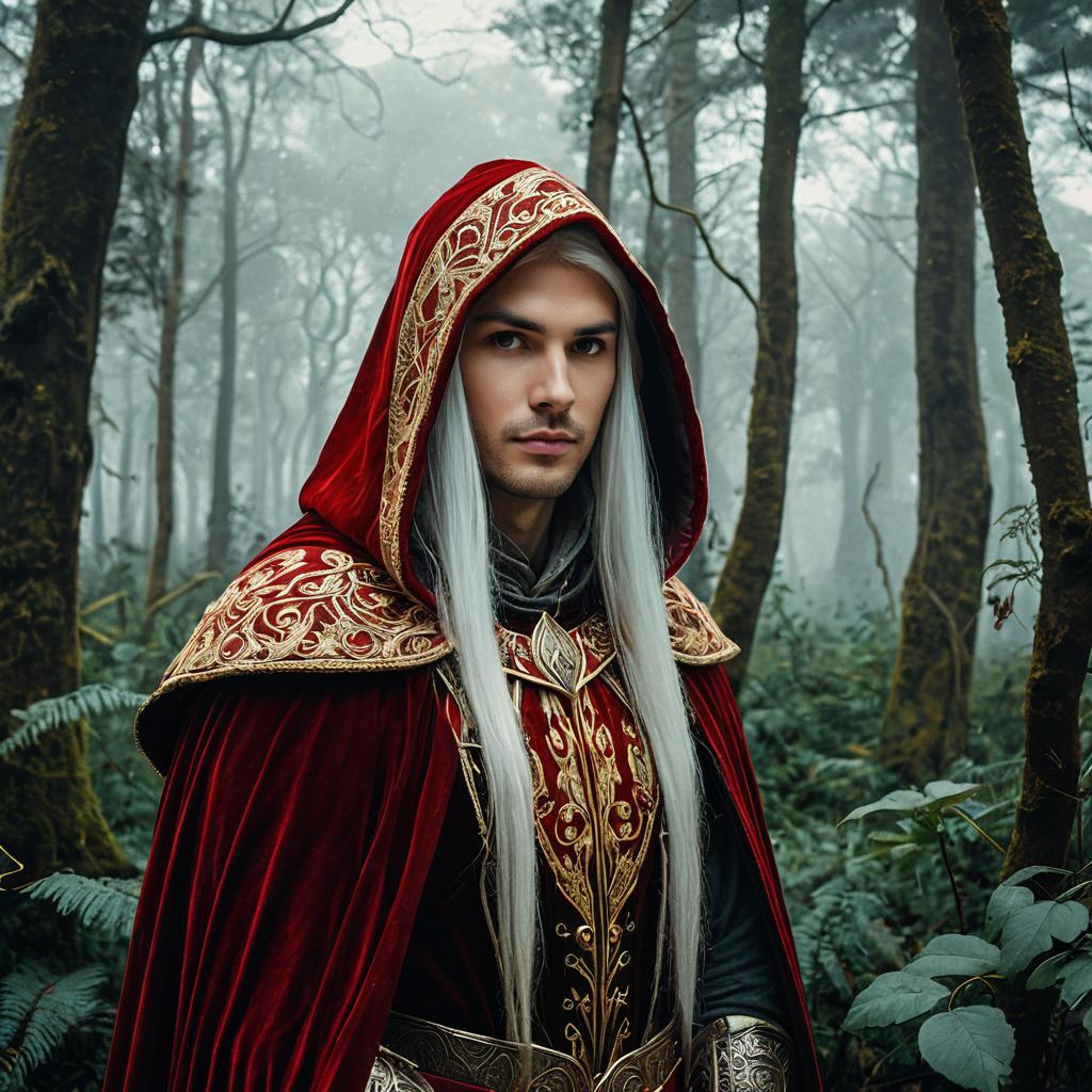 Fantasy Man in Red and Gold Hooded Cloak in Misty Forest