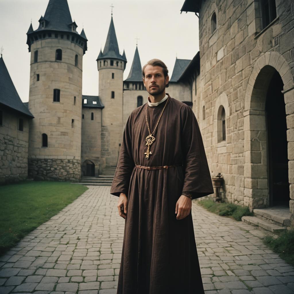 Medieval Monk in Traditional Robe Standing in Castle Courtyard