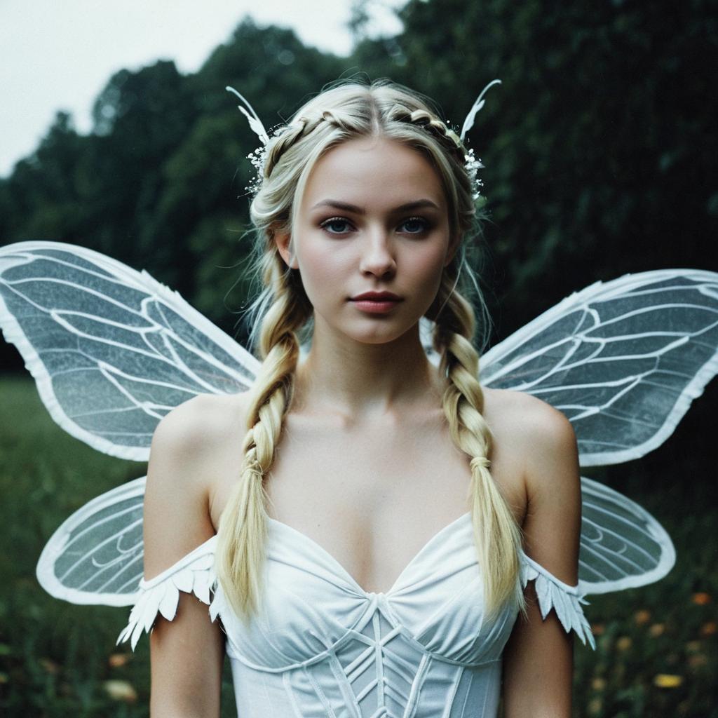Realistic Portrait of Woman in Fairy Costume with Wings and Braided Hair