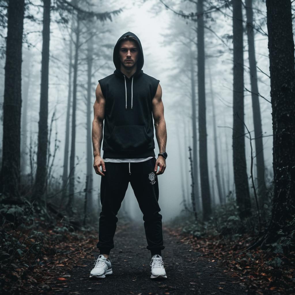 Muscular Man in Misty Forest Path