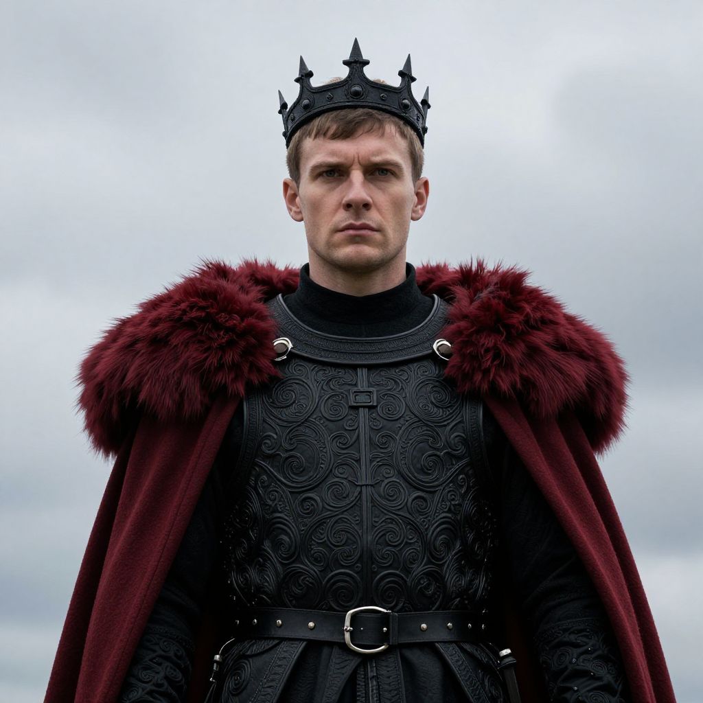 Medieval King in Ornate Black Armor and Red Fur Cloak