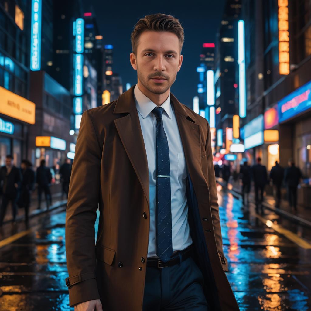 Man in Doctor Who Costume in Neon Urban Landscape