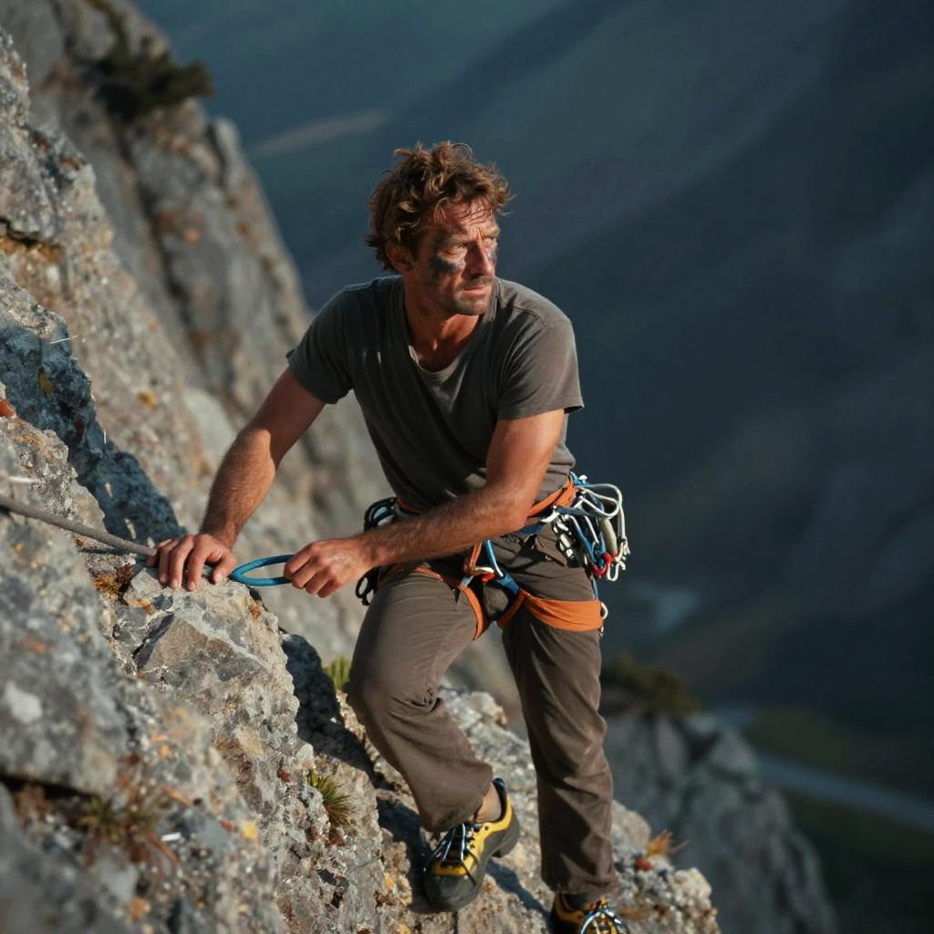 Man Rock Climbing on Mountain Cliff with Safety Gear Outdoors