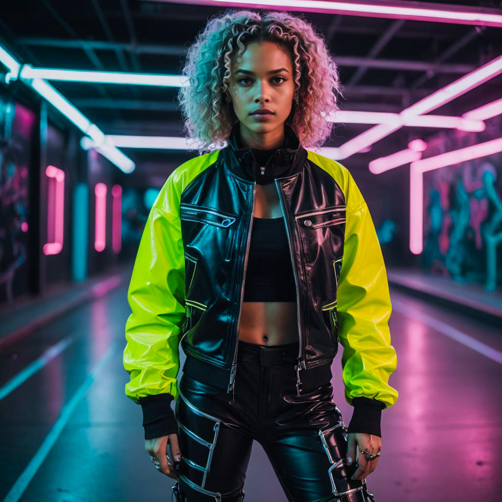 Young Woman in Neon Yellow and Black Leather Jacket in Neon-Lit Urban Setting