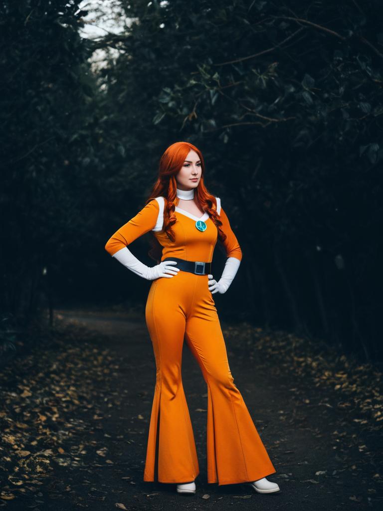 Woman in Realistic Candace Flynn Cosplay Costume Outdoors
