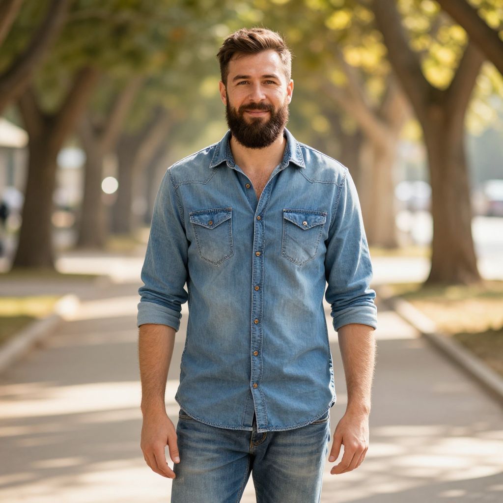 Bearded Man Standing in Denim Shirt on Tree-Lined Pathway
