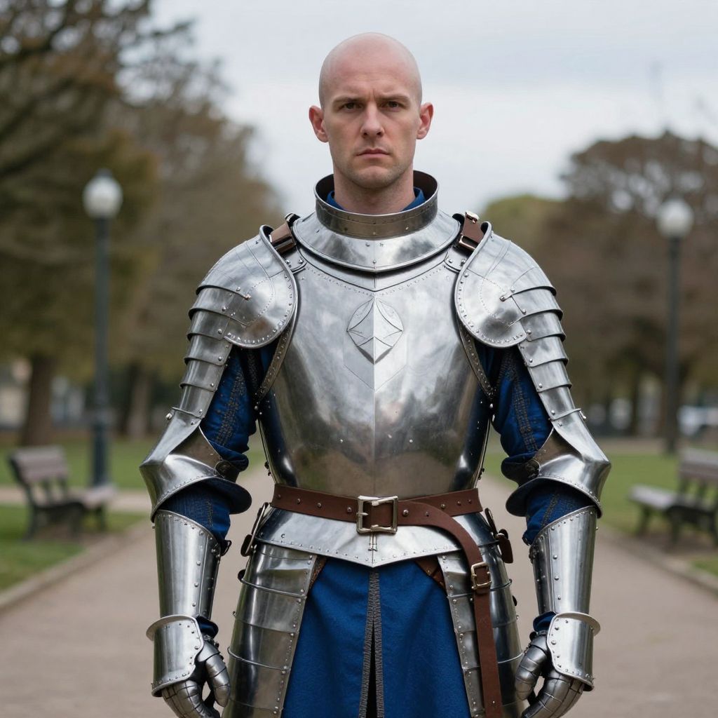 Man in Full Medieval Knight Armor Standing in Park