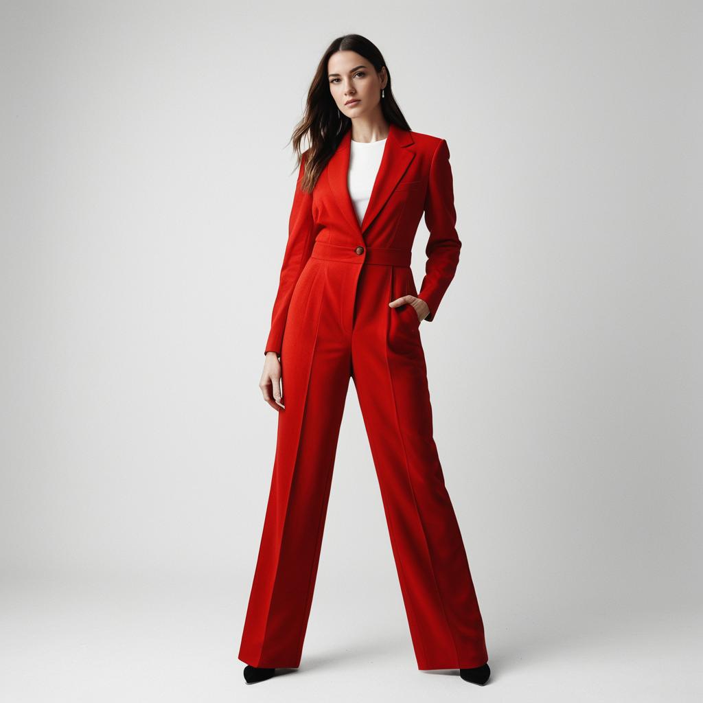 Confident Woman in Red Tailored Pantsuit