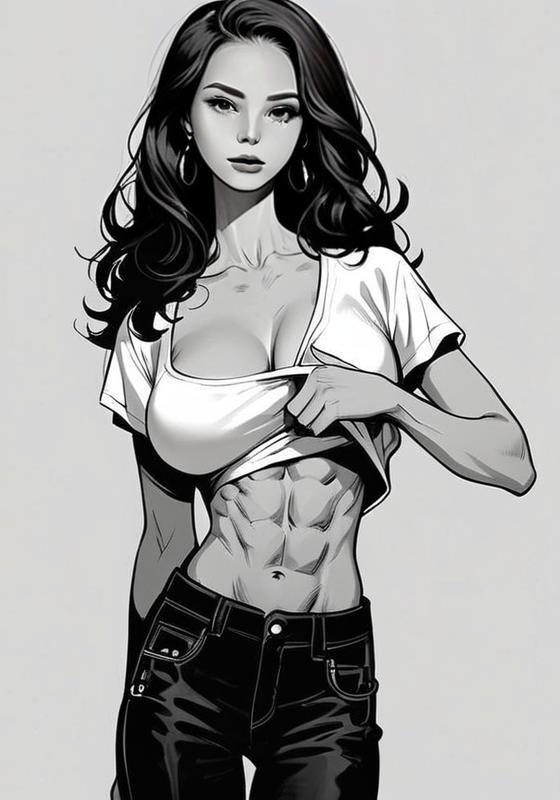 Monochrome Illustration of Woman with Defined Abs