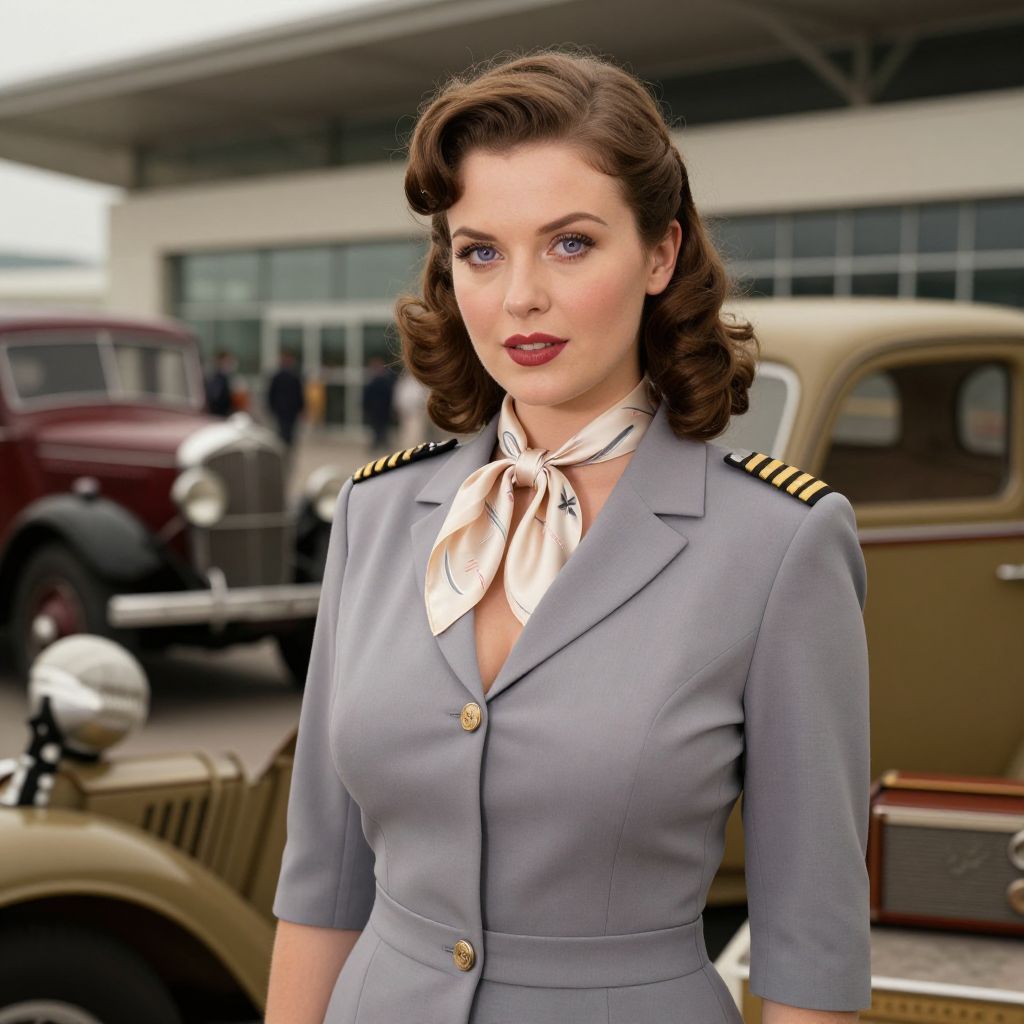Vintage 1940s Woman Pilot in Retro Aviation Uniform with Classic Cars