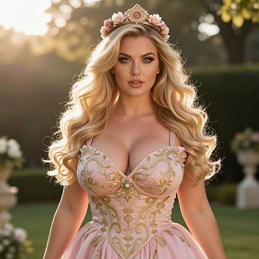 Blonde Woman in Ornate Pink Gown with Floral Crown in Garden
