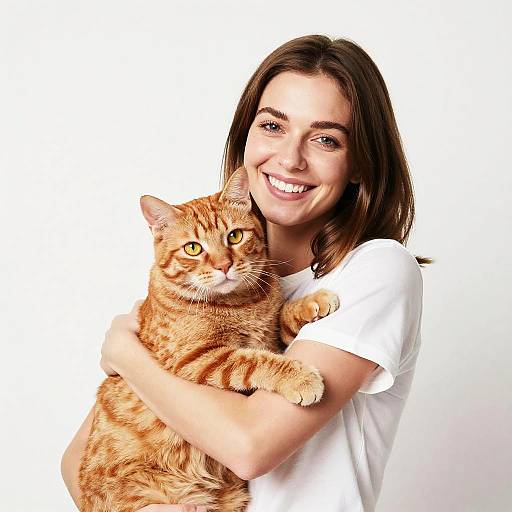 Young Woman Hugging Large Orange Tabby Cat in Studio