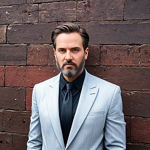 Stylish man in light gray suit against brick wall