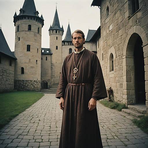 Medieval Monk in Traditional Robe Standing in Castle Courtyard