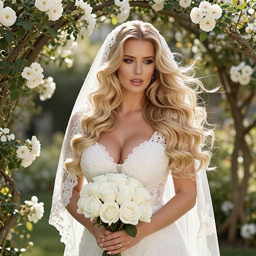 Beautiful Bride Holding White Roses Bouquet in Lace Wedding Dress