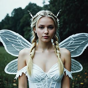 Realistic Portrait of Woman in Fairy Costume with Wings and Braided Hair