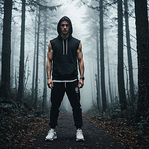 Muscular Man in Misty Forest Path