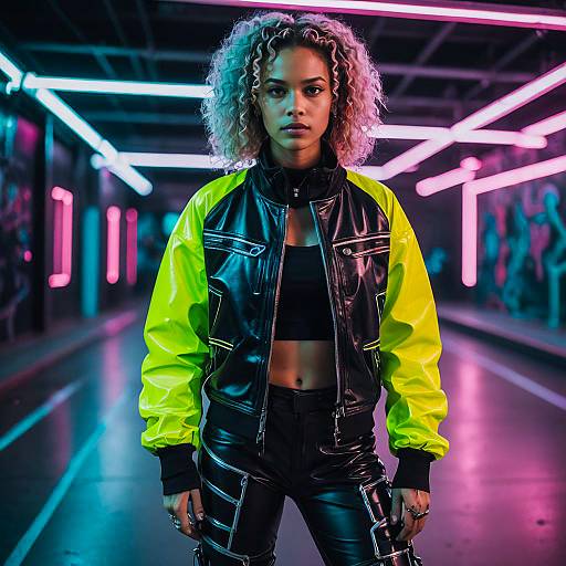 Young Woman in Neon Yellow and Black Leather Jacket in Neon-Lit Urban Setting