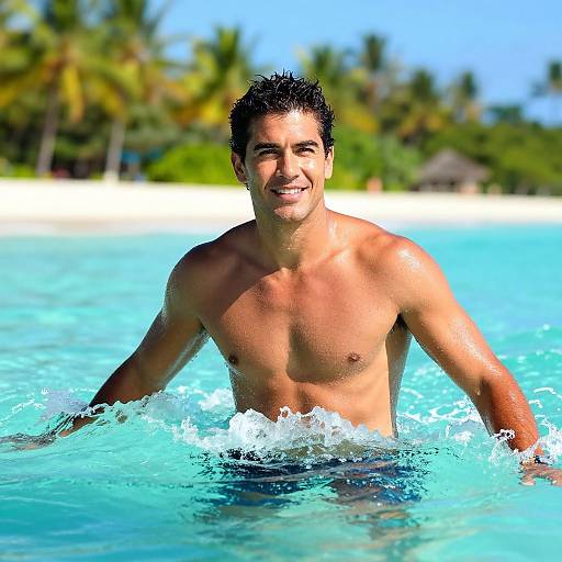 Young Man Enjoying Tropical Beach Vacation in Clear Blue Water