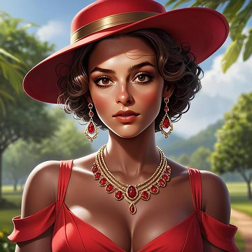 Elegant Woman in Red Dress with Matching Jewelry and Hat Outdoor Portrait