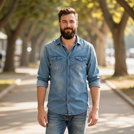 Bearded Man Standing in Denim Shirt on Tree-Lined Pathway