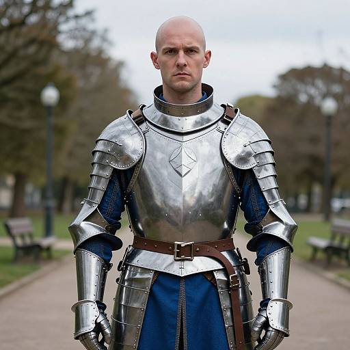 Man in Full Medieval Knight Armor Standing in Park