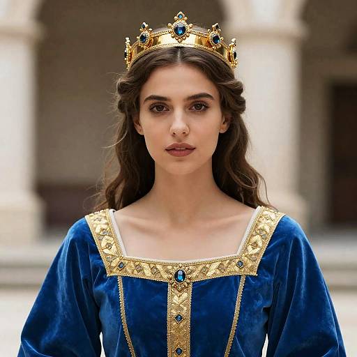 Close-Up Woman in Blue and Gold Medieval Dress with Gold Crown